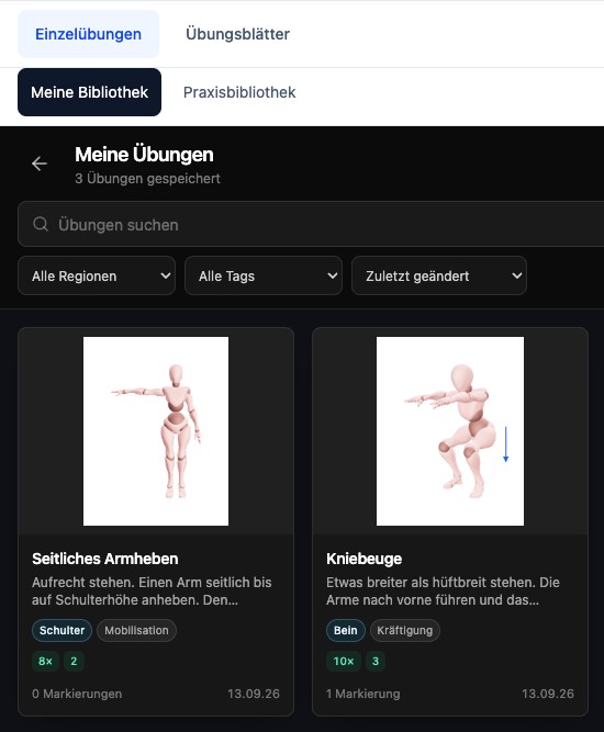Bibliothek: gespeicherte Kniebeuge und seitliches Armheben, mit Suche und Filtern.